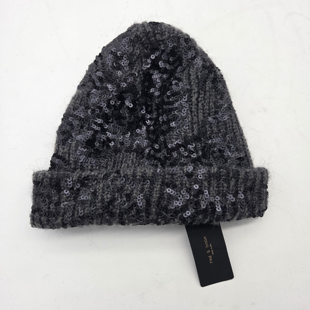 Rag & Bone Women Liza Sequin Beanie Dark Grey Wool Mohair Blend Winter Hat NWT